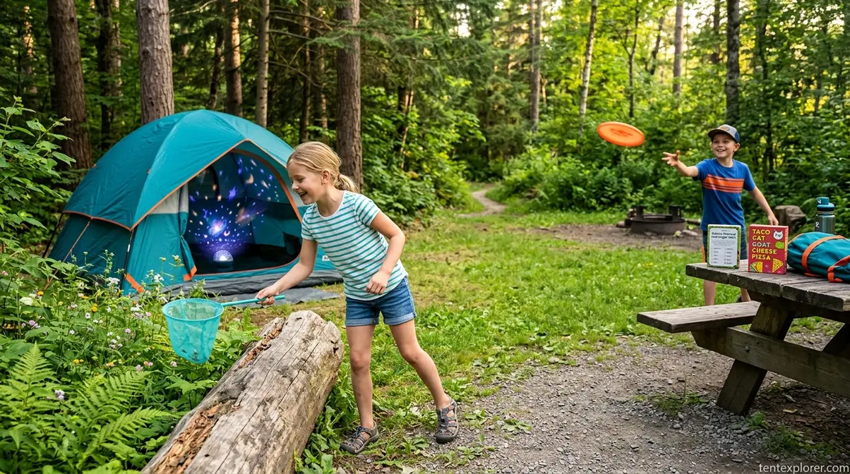 Fun camping gear for kids including bug catcher kit, glow Frisbee, scavenger hunt cards, and tent projector night light