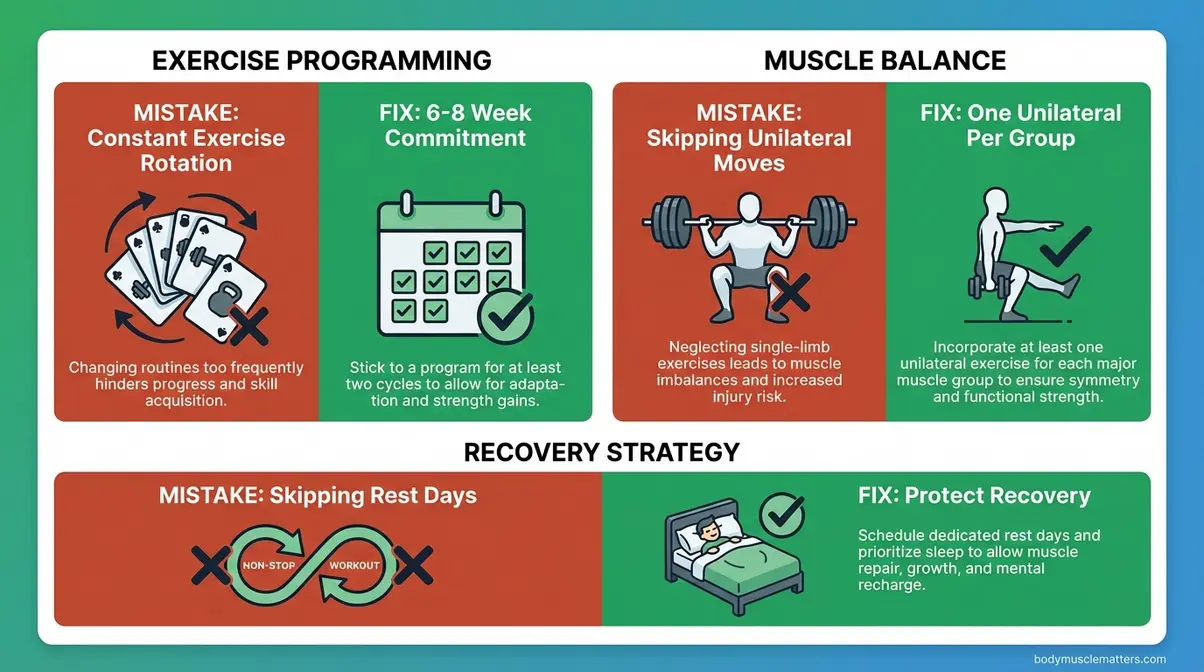 Three common functional training mistakes and fixes: skipping overload progression, unilateral exercises, and recovery days