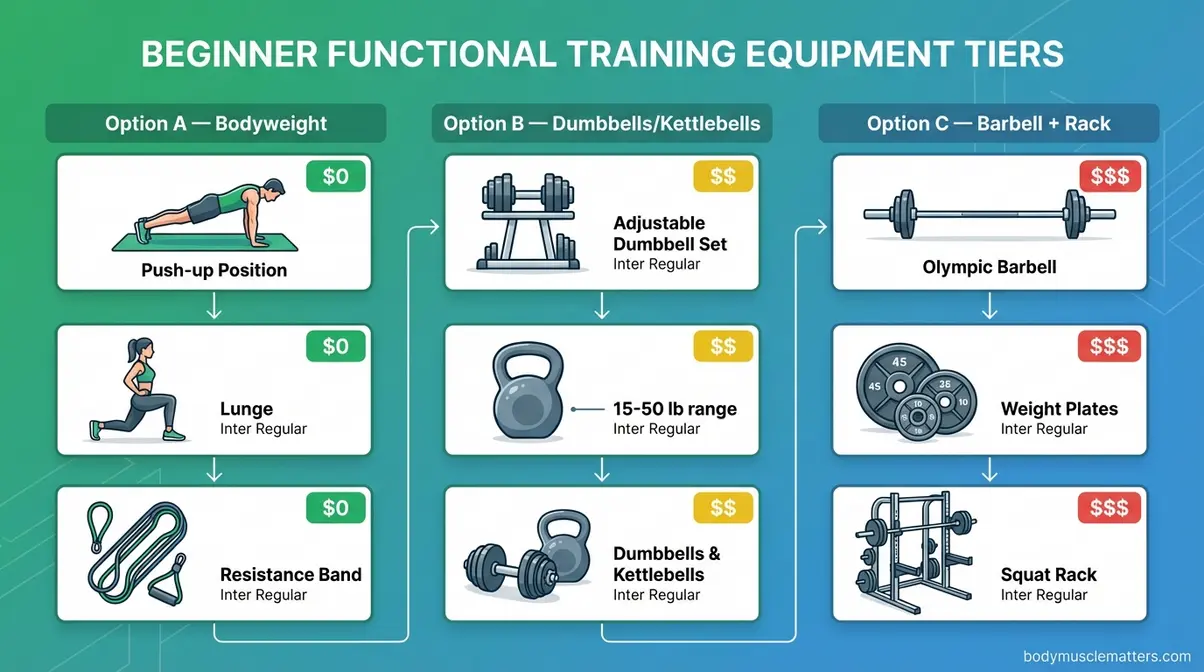 Three equipment tier options for functional training muscle building beginners: bodyweight, dumbbells, barbell rack