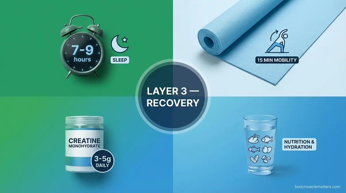 Functional training recovery protocol showing sleep, mobility work, creatine supplementation, and nutrition elements