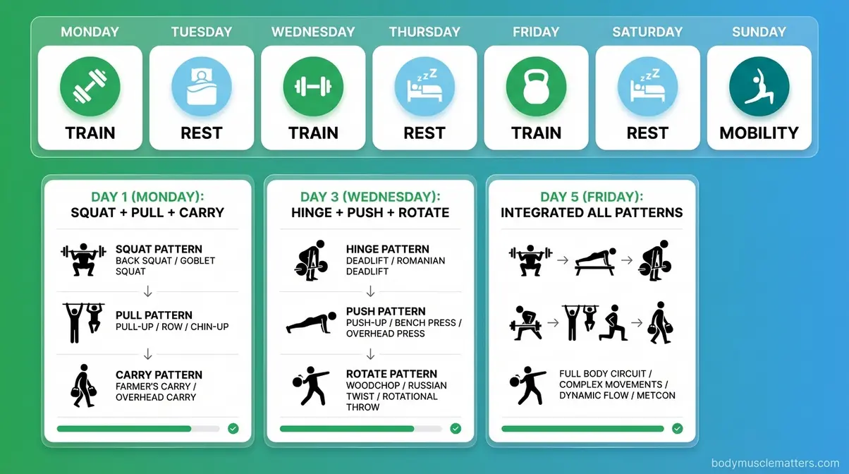 Three-day functional training weekly split schedule for muscle building showing training and rest day structure
