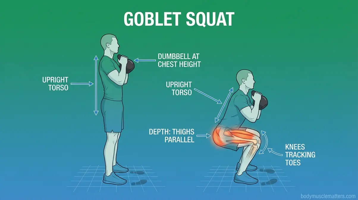 Proper goblet squat form diagram for functional training muscle building beginners showing start and bottom positions