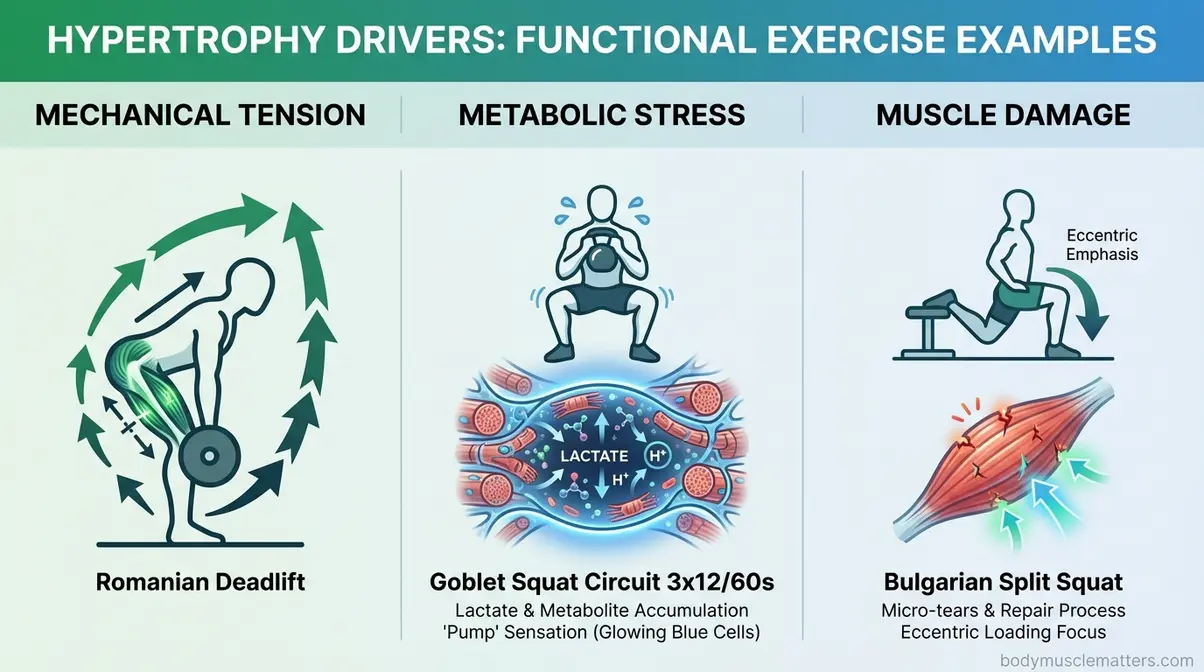 Three hypertrophy drivers in functional training: mechanical tension, metabolic stress, and muscle damage with exercise examples