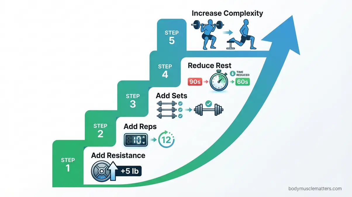Five progressive overload methods for functional training muscle building: add weight, reps, sets, reduce rest, increase complexity