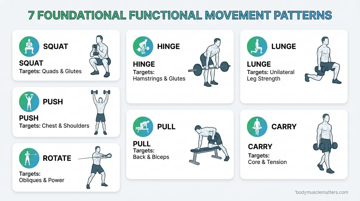 Seven foundational functional movement patterns for muscle building: squat, hinge, lunge, push, pull, carry, rotate with examples