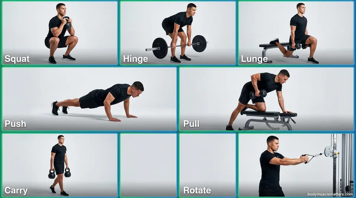 Seven functional movement patterns overview for muscle building: squat, hinge, lunge, push, pull, carry, rotate demonstrated