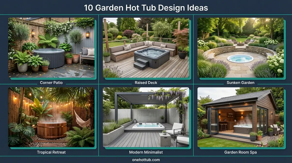 Photo collage of garden hot tub design ideas for small and large UK garden spaces including corner, deck, sunken, and tropical layouts
