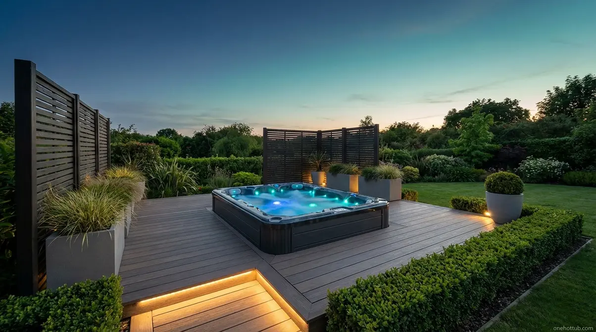 Garden hot tub installation with composite decking, privacy screens, LED lighting, and landscaped planting in a UK garden