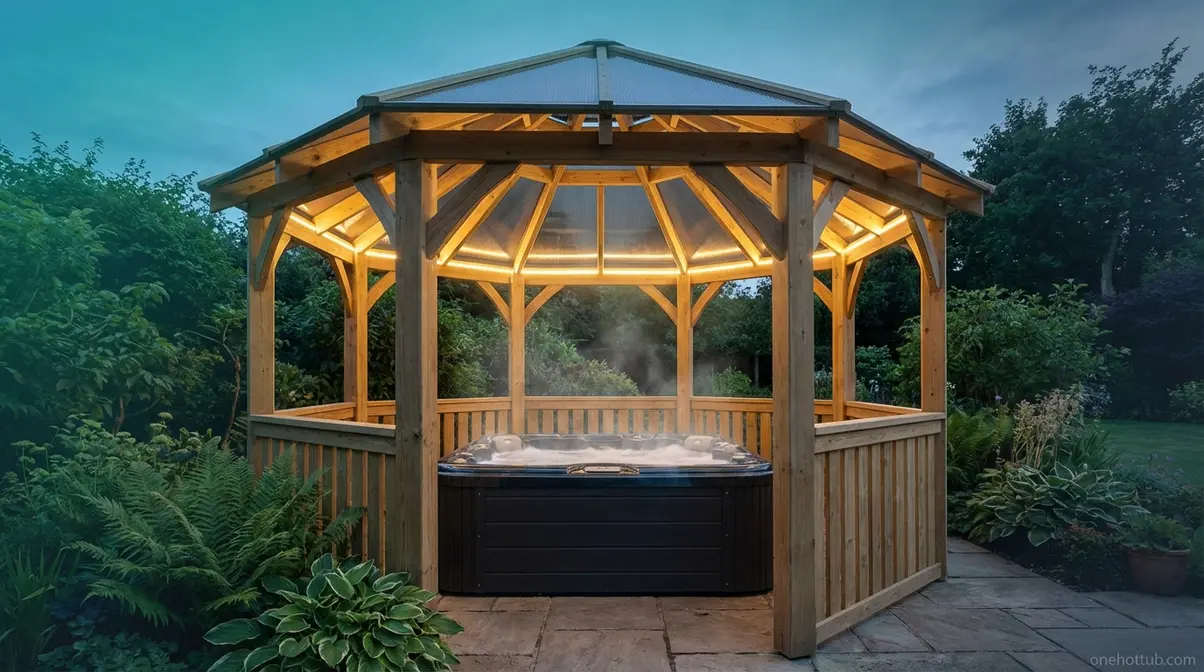 Timber hot tub gazebo enclosure with polycarbonate roof housing a hard-shell garden spa at dusk