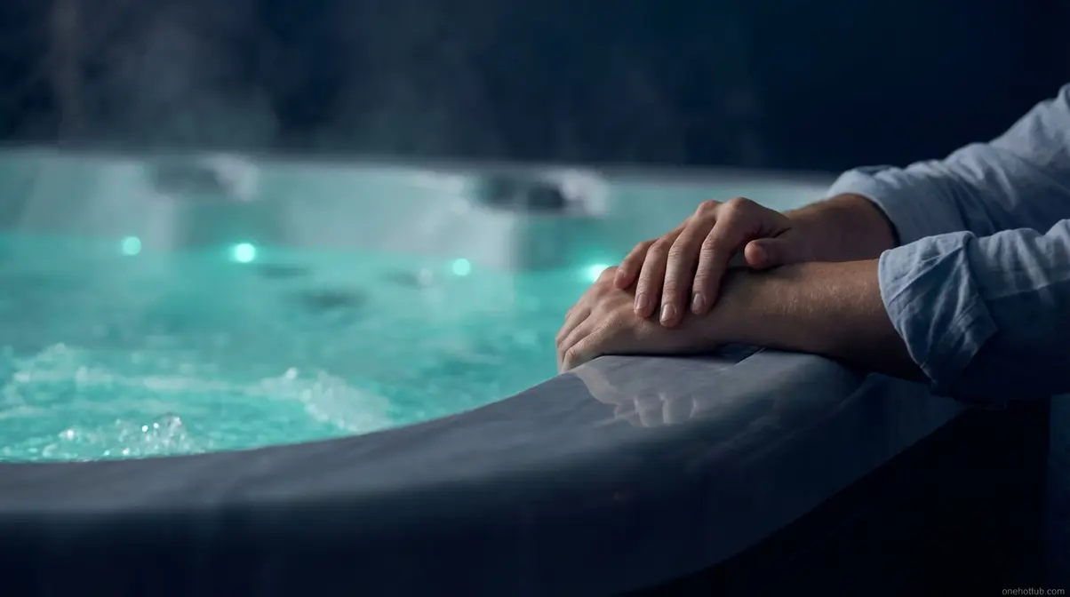 Person relaxing in a garden hot tub with glowing teal LED jets highlighting hydrotherapy health benefits