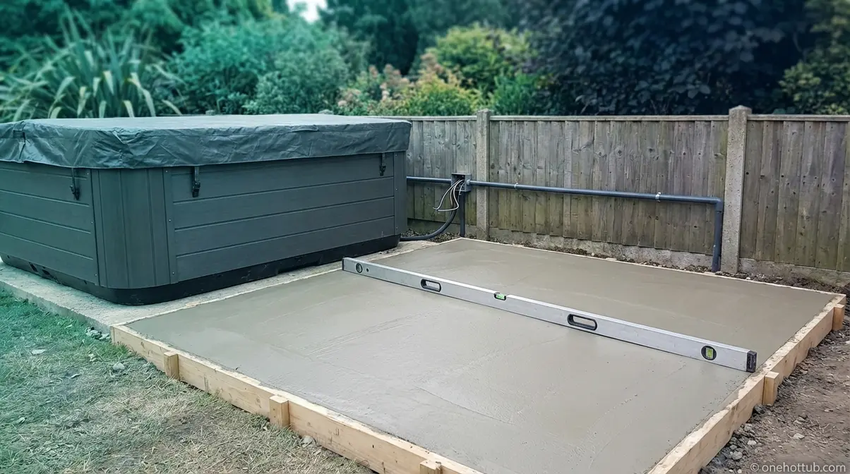 Hot tub installation showing a reinforced concrete base pad with electrical conduit and hard-shell spa ready for placement