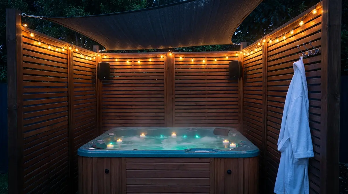 Garden hot tub with timber privacy screens, LED floating lights, waterproof speakers, and overhead sail shade for year-round use