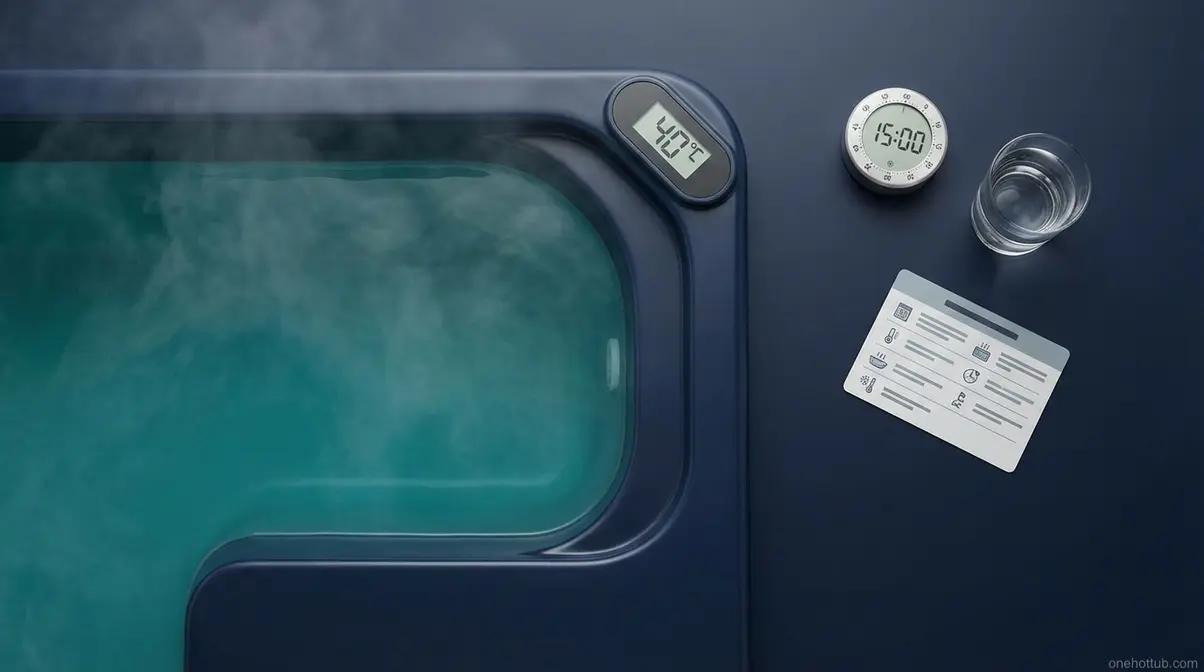 Hot tub safety essentials showing thermometer at 40 degrees Celsius and 15-minute timer for safe hot tub use guidelines