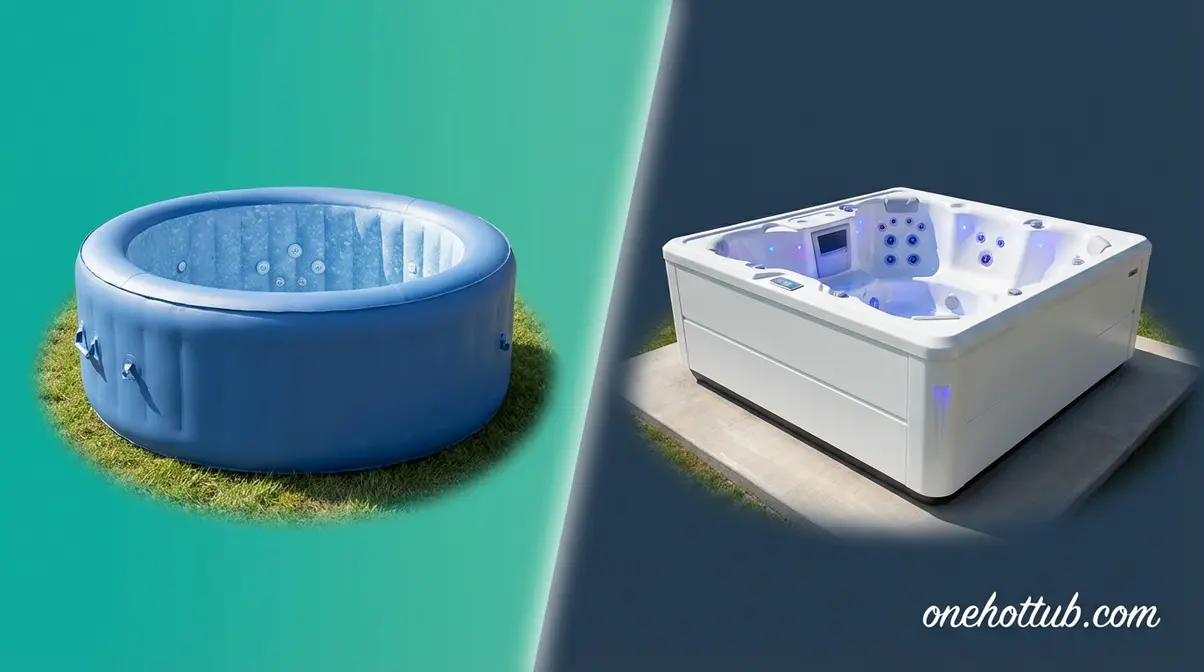 Side-by-side comparison of an inflatable hot tub and a hard-shell acrylic garden spa on a garden patio