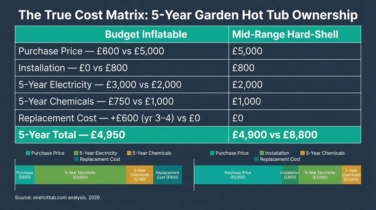 Chart comparing 5-year total ownership cost of inflatable versus hard-shell garden hot tubs including purchase, installation, electricity, and maintenance