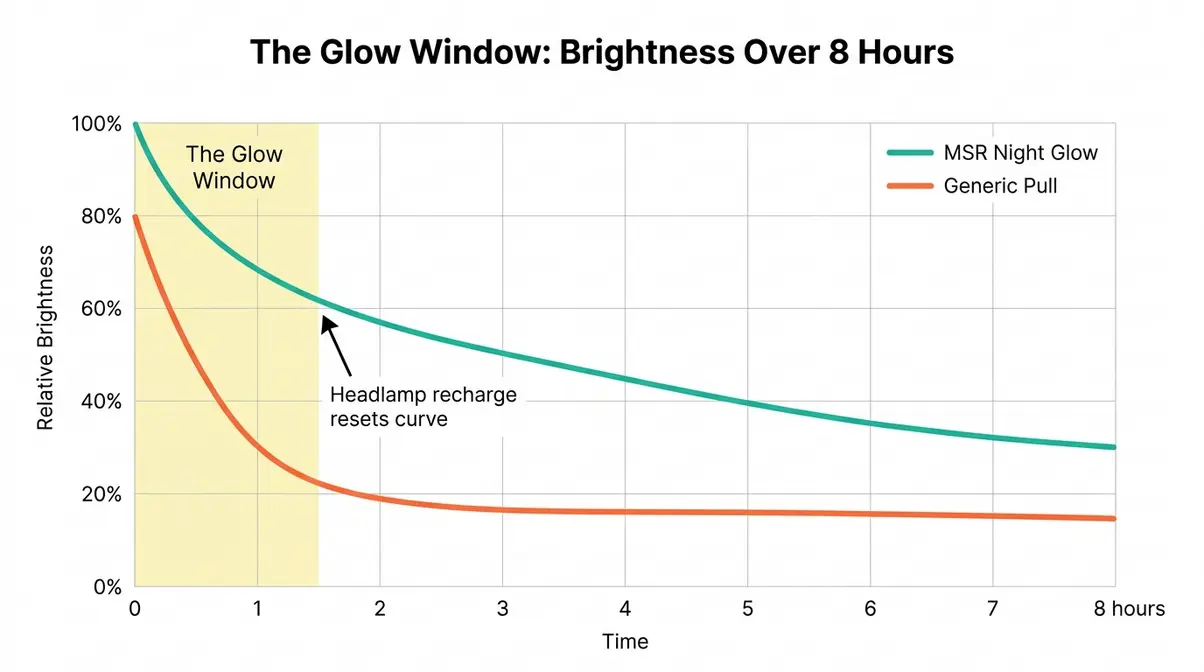 Chart showing glow tent zipper pull brightness decay over 8 hours comparing MSR versus generic pulls