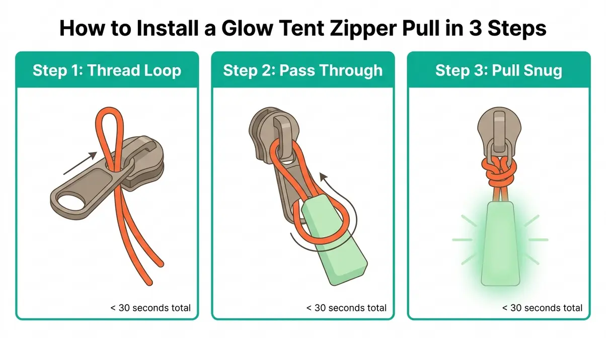 Three-step diagram showing how to install a glow tent zipper pull using a lark's head knot