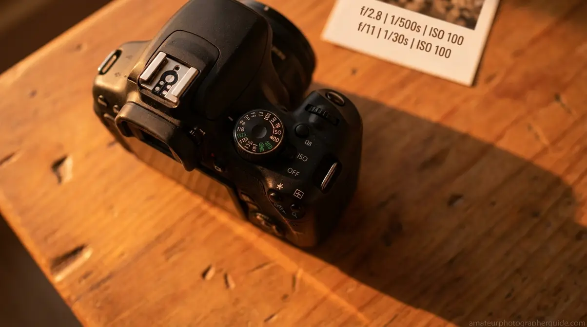 DSLR camera with exposure settings dials in golden light showing golden hour photography settings cheat sheet