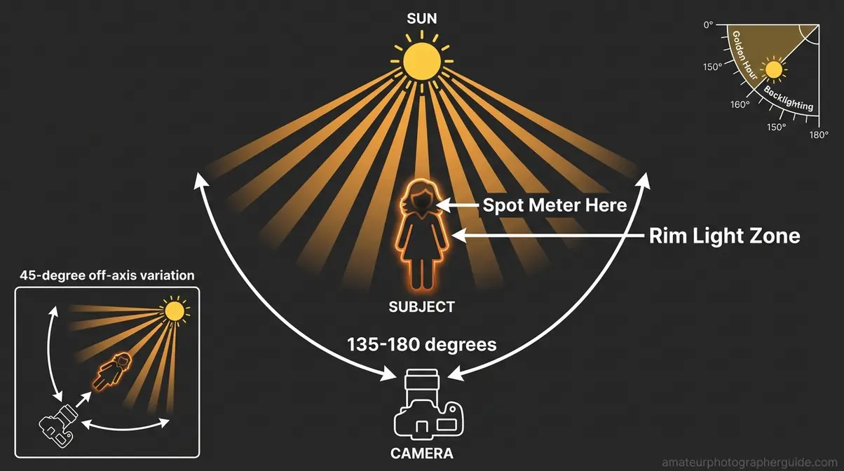 Top-down backlighting setup diagram showing sun position behind subject creating golden hour rim light effect