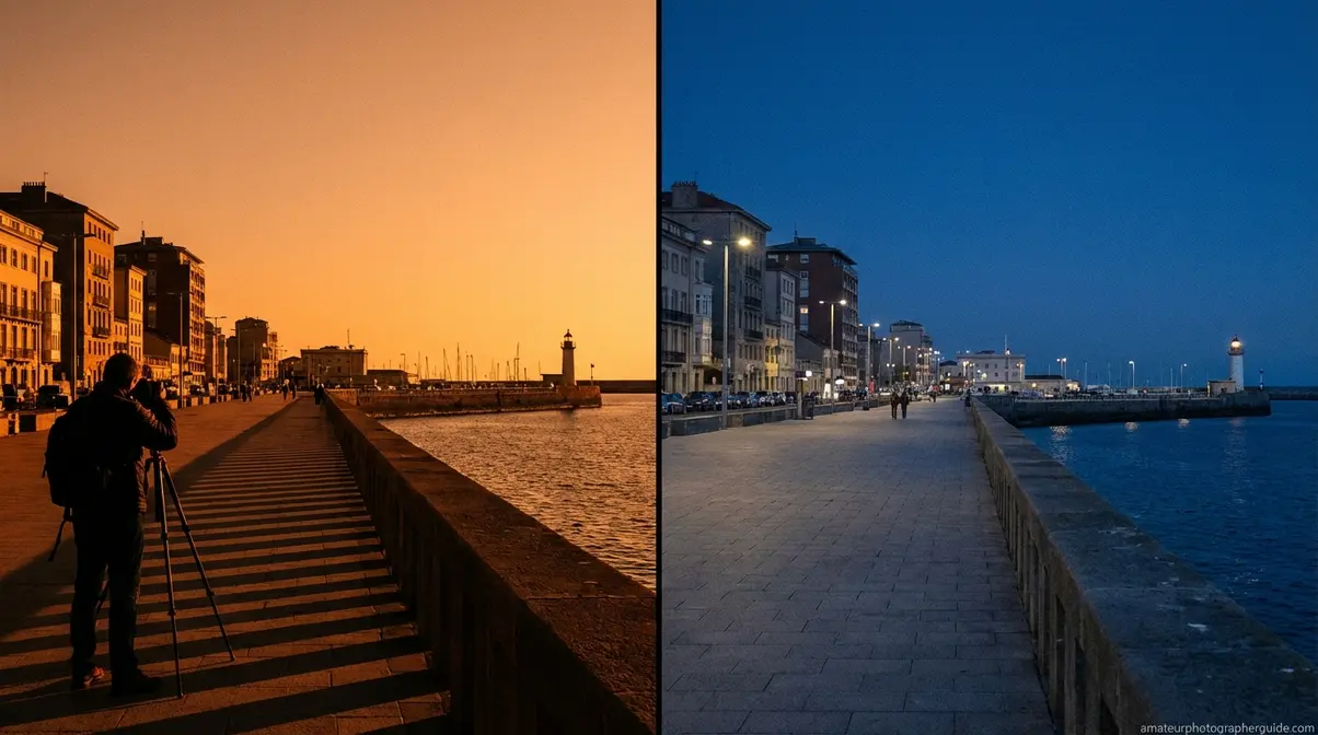 Side-by-side photograph comparison of same location during golden hour warm light and blue hour cool light