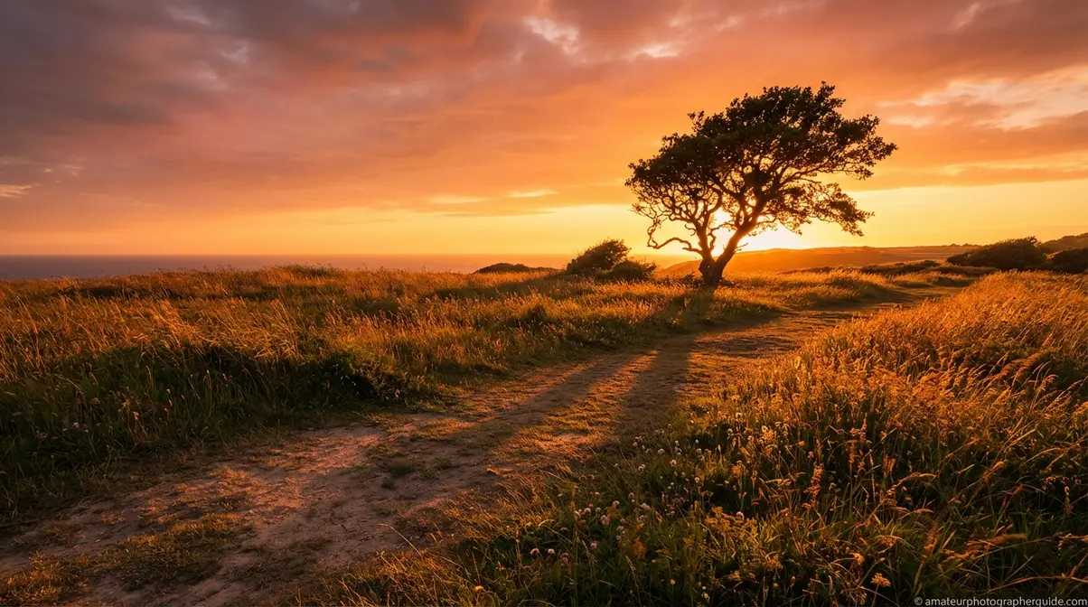 Warm golden hour photography light raking across meadow scene creating long dramatic shadows at low sun angle