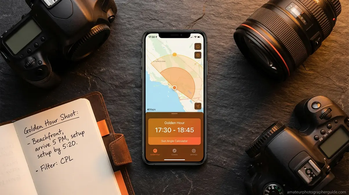 Photographer using golden hour planning app on smartphone alongside camera gear to calculate exact shooting window