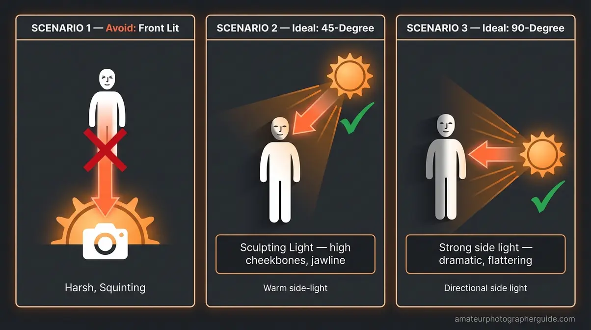 Portrait positioning diagram showing correct and incorrect subject angle to sun during golden hour photography