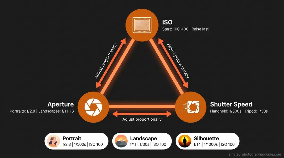 Camera settings triangle diagram showing ISO aperture and shutter speed relationships for golden hour photography