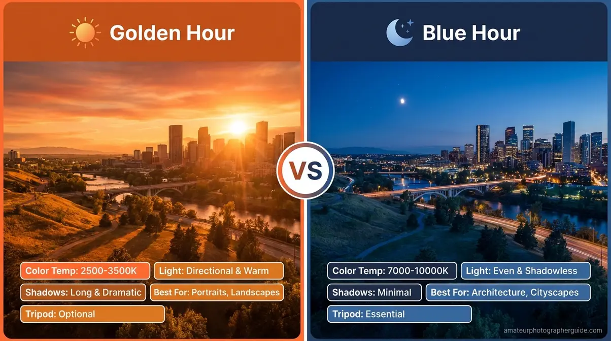 Side-by-side comparison infographic of golden hour warm orange light versus blue hour cool toned photography lighting