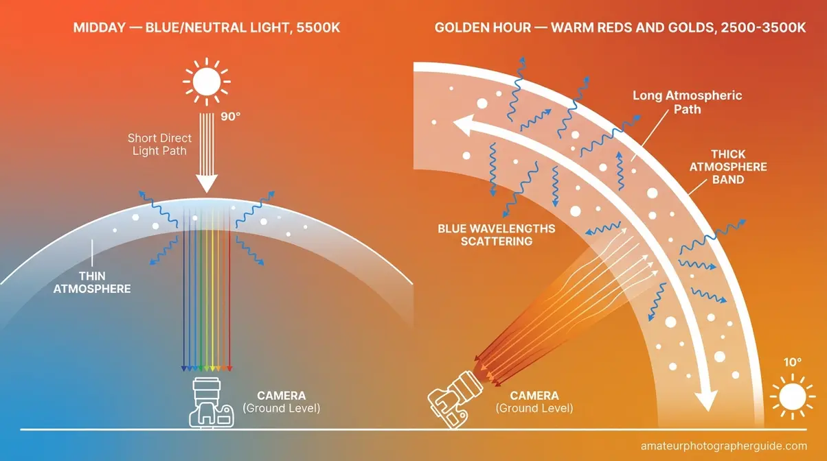 Diagram showing Rayleigh Scattering at golden hour with low sun angle filtering blue wavelengths leaving warm tones