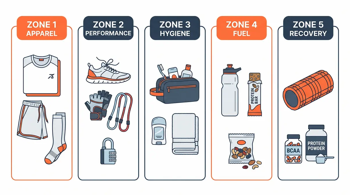 Gym bag essentials organized by the 5-Zone Pack Method flat-lay infographic diagram