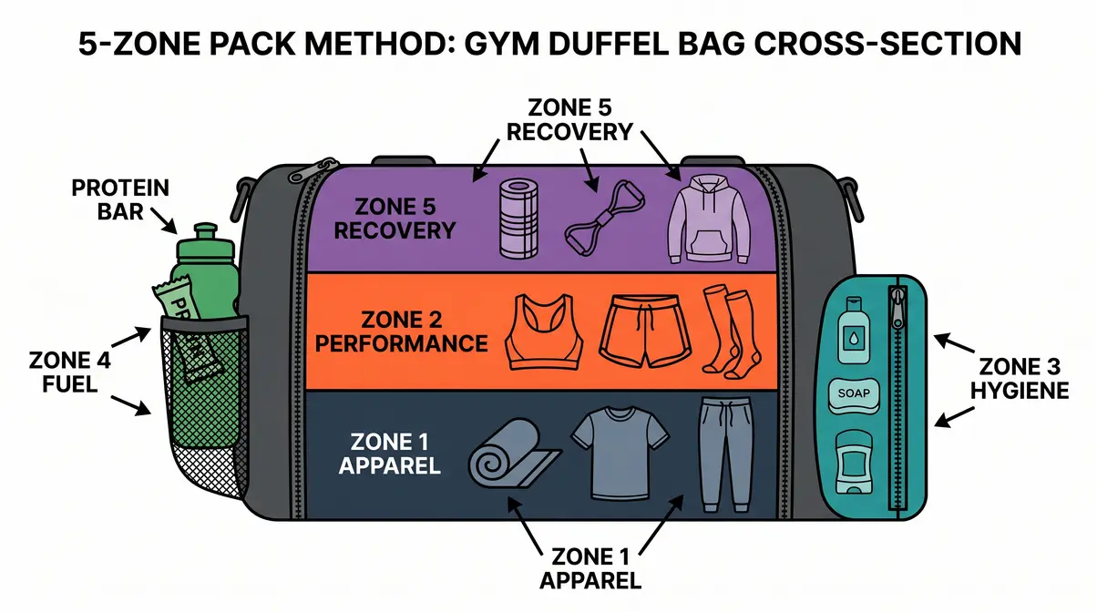 5-Zone Pack Method gym bag compartmentalization diagram for beginners showing item placement