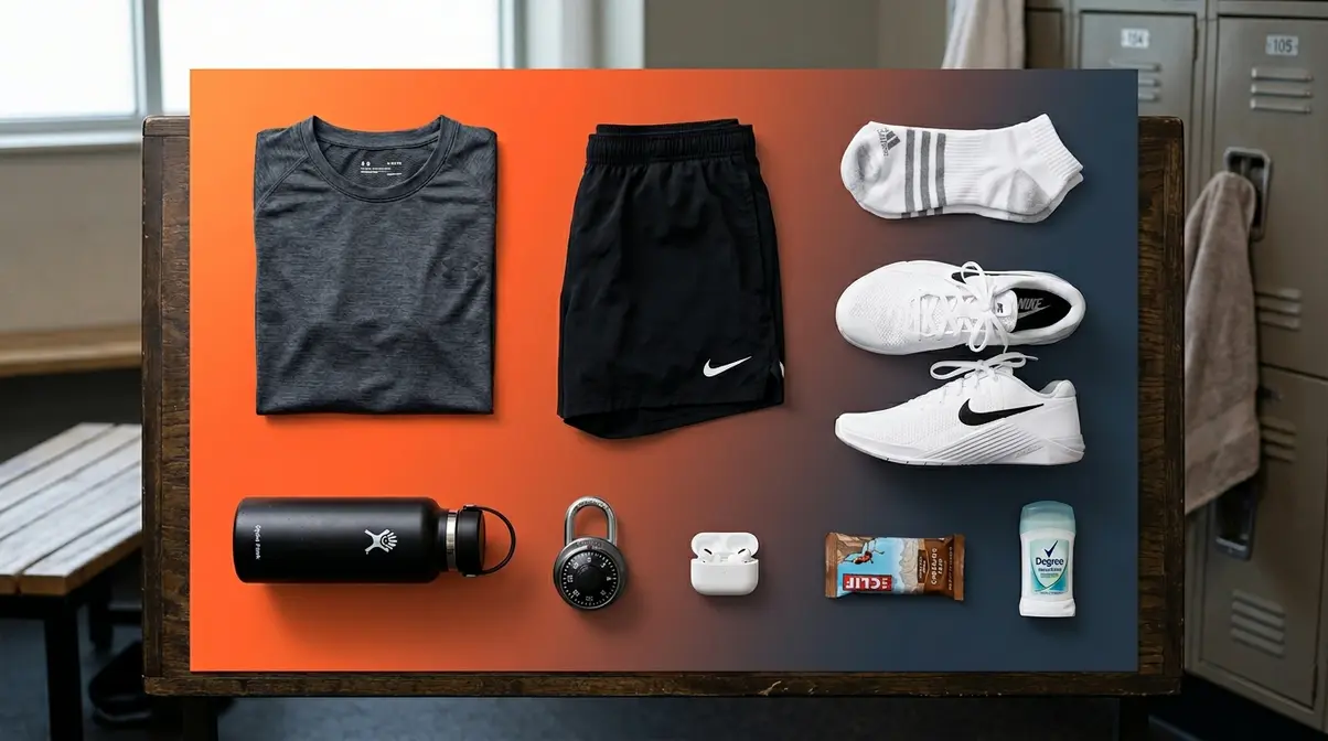 Core gym bag essentials checklist items including clothes, shoes, water bottle, lock, and earbuds