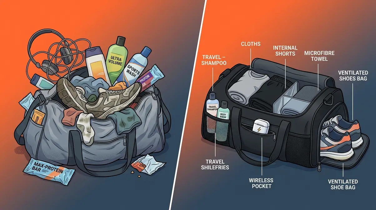Gym bag overpacking mistakes versus properly organized gym bag using the 5-Zone Pack Method