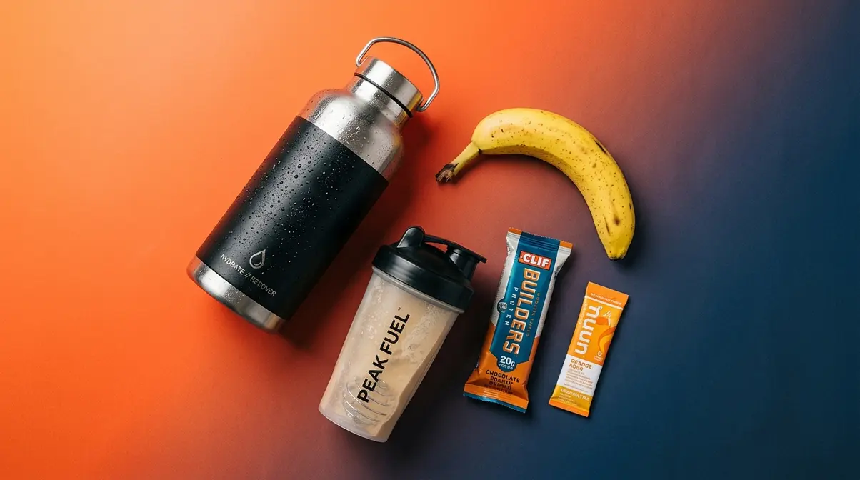 Gym hydration and nutrition essentials including water bottle, protein bar, banana, and electrolyte powder