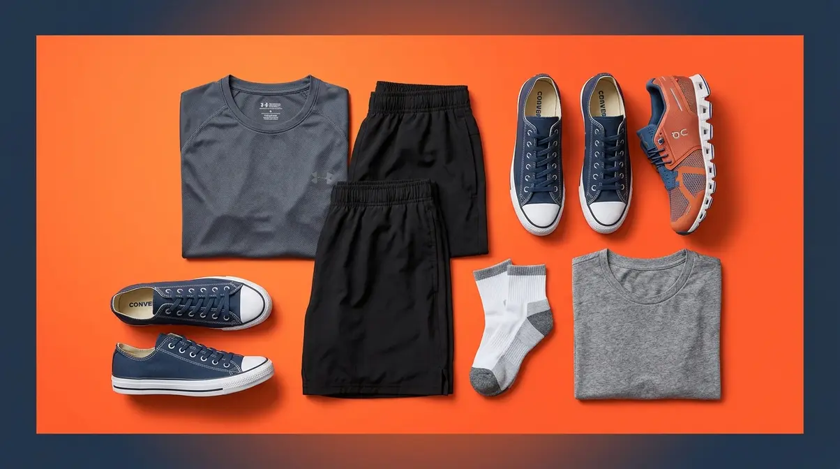 Gym workout apparel and footwear essentials including moisture-wicking top, training shoes, and socks