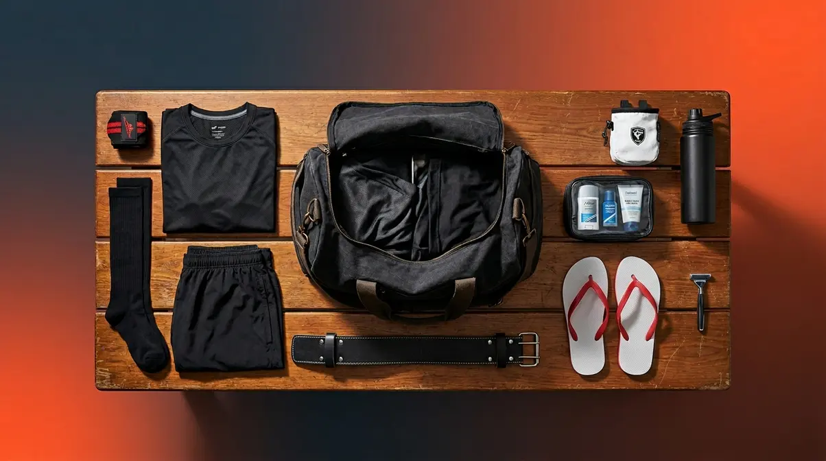 Men's gym bag essentials including weightlifting belt, wrist wraps, toiletry kit, and training clothes