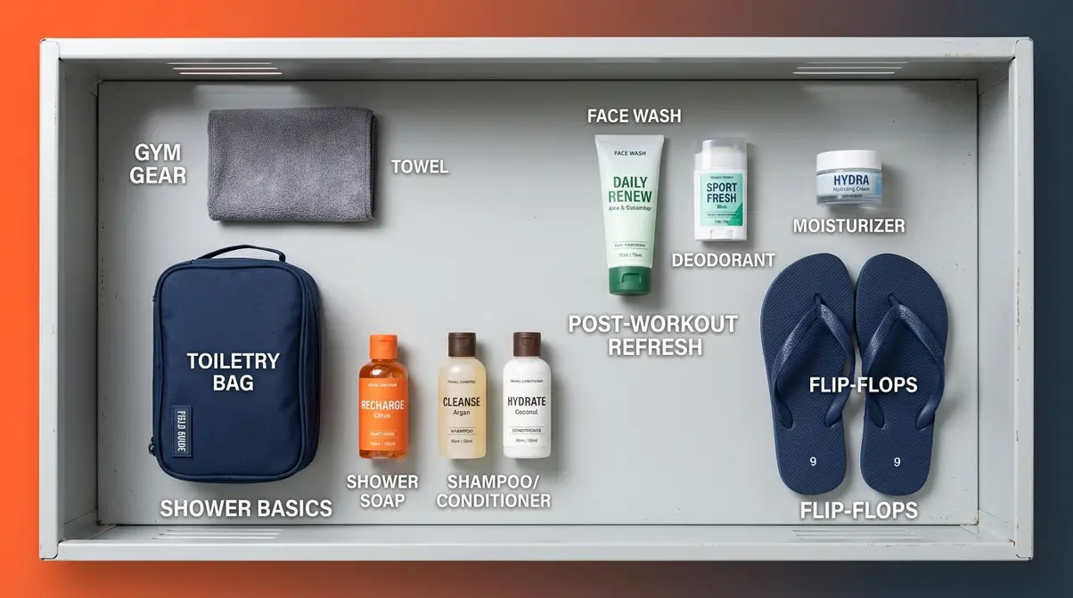 Post-workout hygiene and toiletry gym bag essentials including microfiber towel, body wash, and deodorant