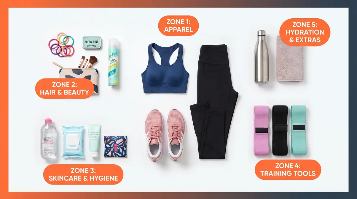 Women's gym bag essentials flat-lay organized by 5-Zone Method with skincare and hair care items