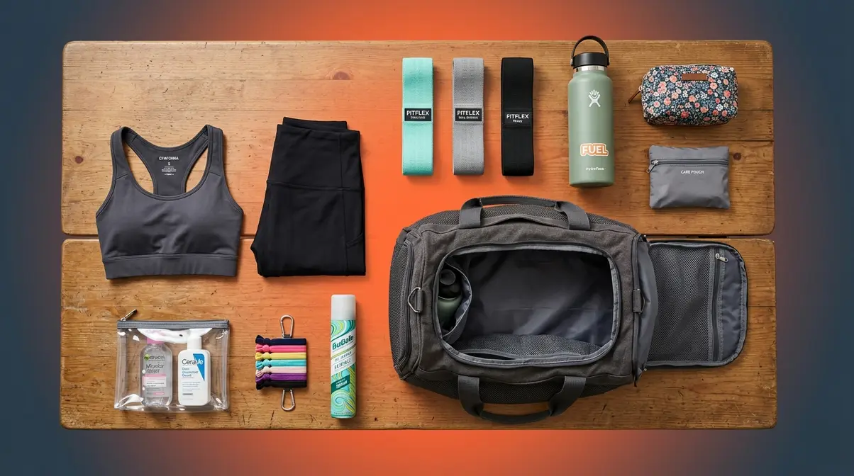 Women's gym bag essentials including sports bra, skincare, hair ties, resistance bands, and hygiene items