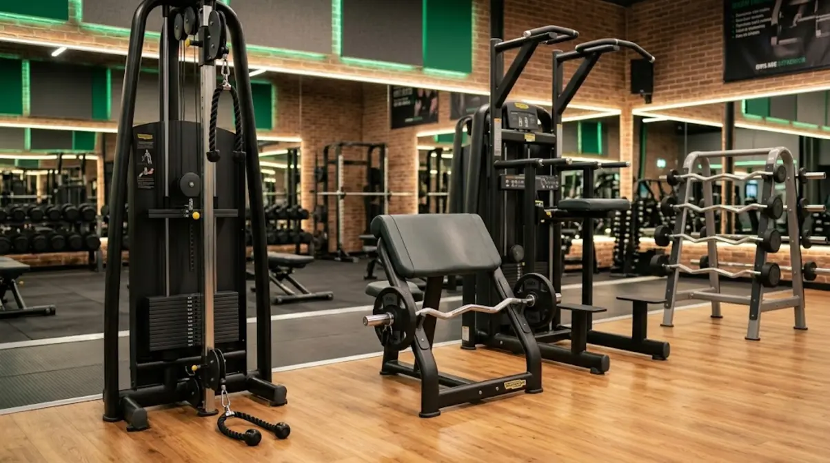 Arm training gym equipment including cable curl station preacher curl bench assisted dip machine and EZ curl bar