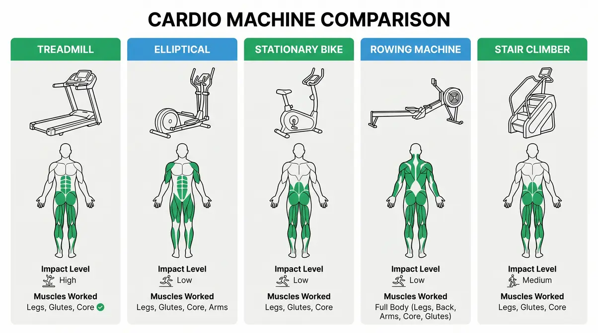 Gym equipment names and uses infographic comparing five cardio machines for beginners