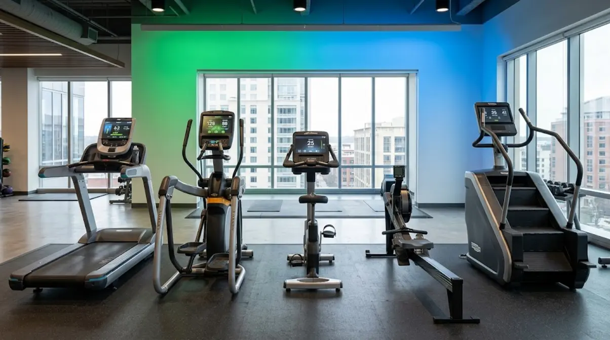 Five cardio machines in a gym row including treadmill elliptical stationary bike rowing machine and stair climber