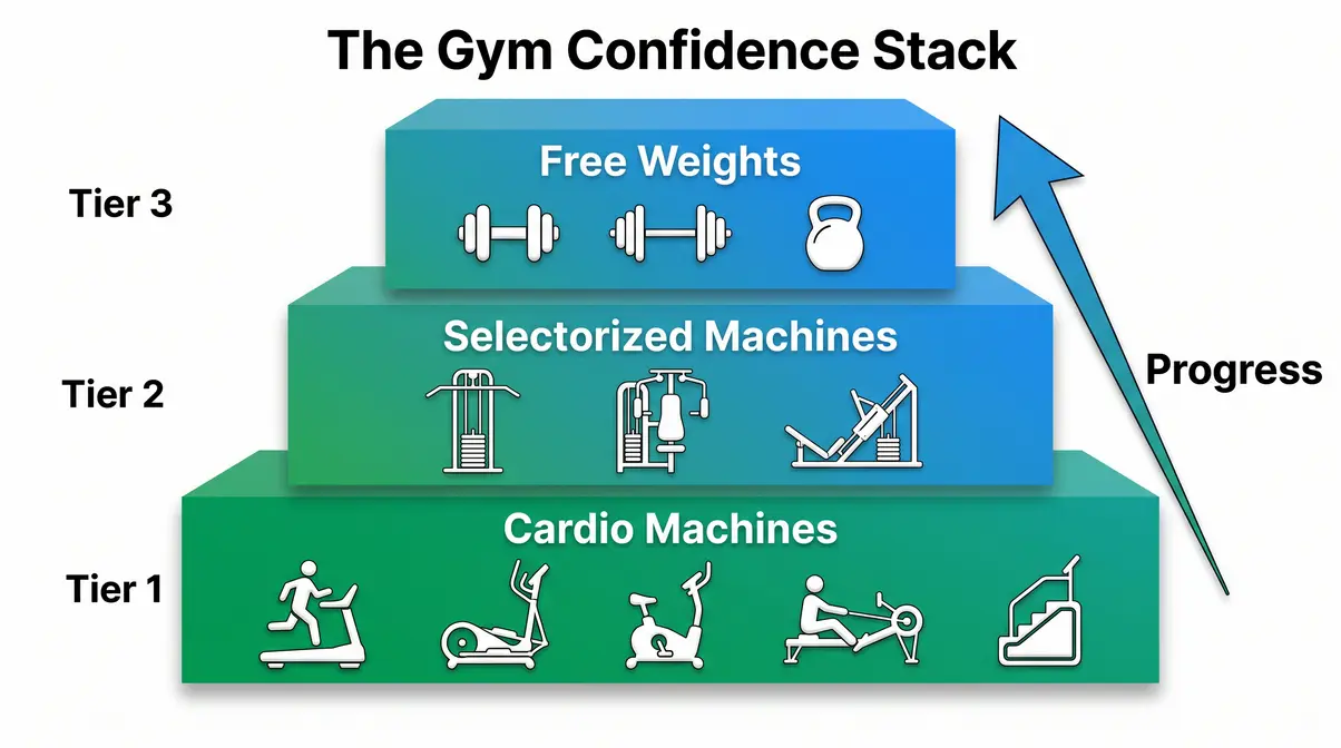 Gym equipment progression framework showing three tiers from cardio to selectorized machines to free weights for beginners