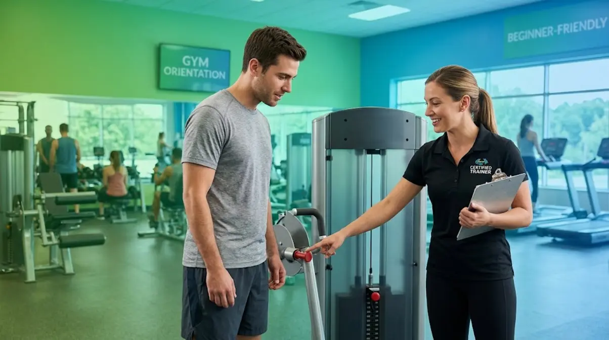Certified personal trainer showing beginner gym member how to safely adjust and use a strength machine