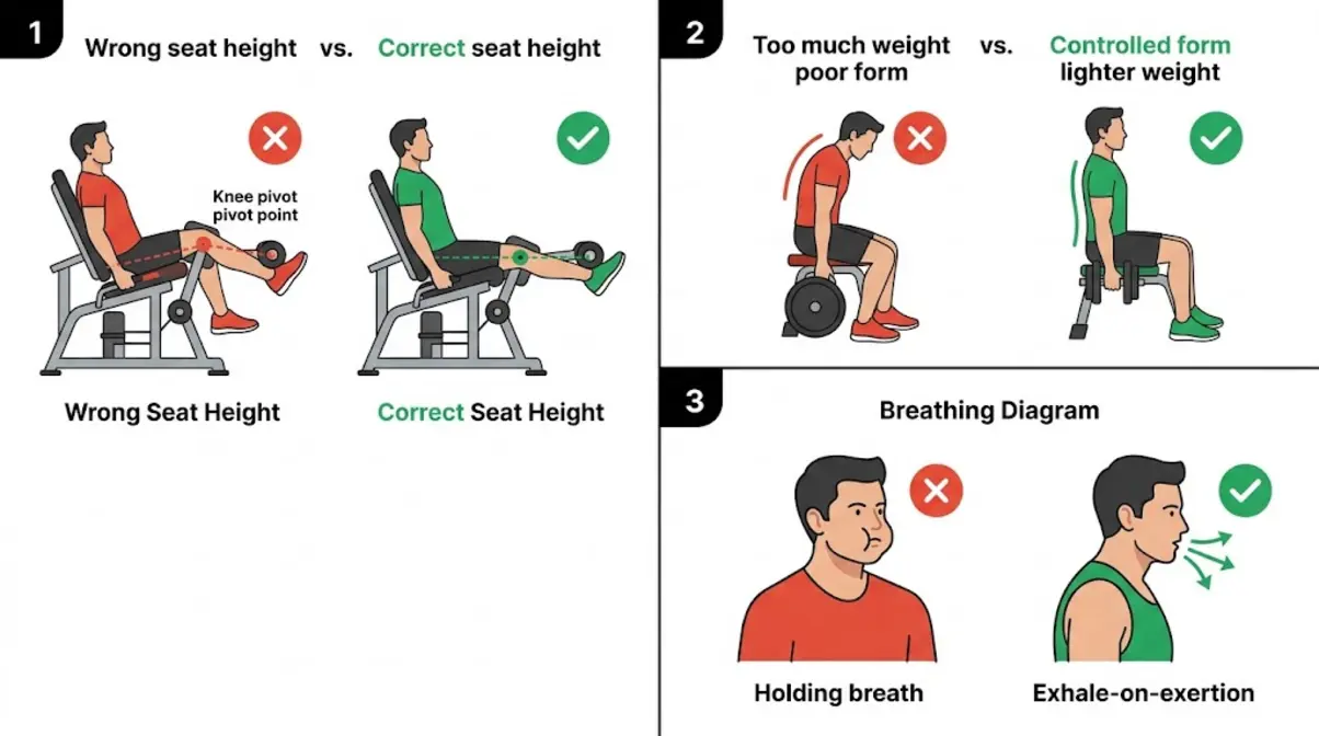 Three common gym machine setup mistakes showing wrong versus correct seat height weight selection and breathing technique