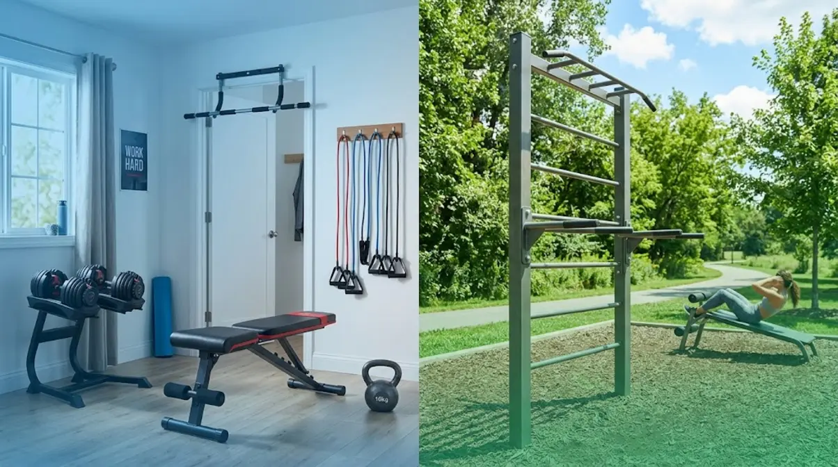 Home gym equipment and outdoor park gym equipment side by side comparison for beginner training options