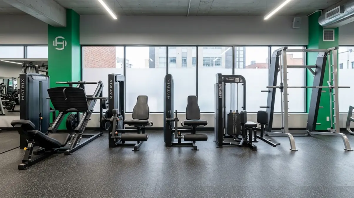 Lower body gym machines including leg press leg extension leg curl hip abductor and Smith machine
