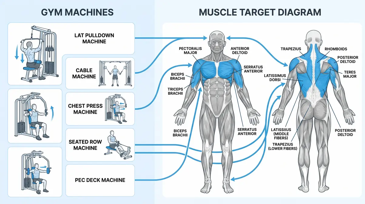 Upper body gym machine diagram showing muscle groups targeted by lat pulldown cable chest press seated row and pec deck