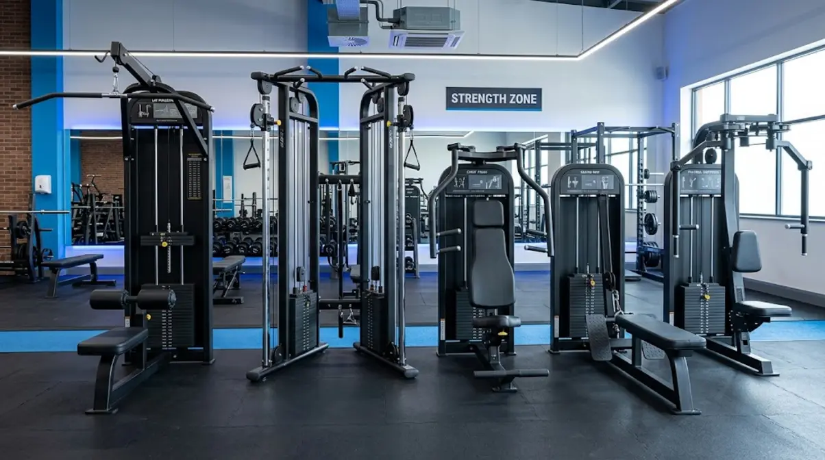 Upper body strength machines in gym including lat pulldown cable machine chest press seated row and pec deck